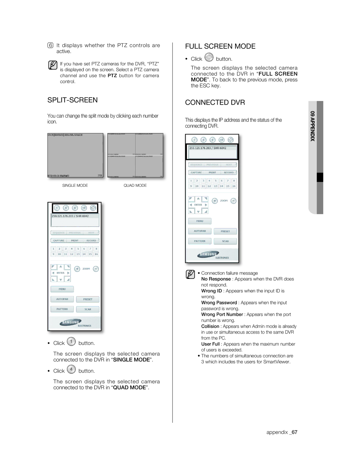 Samsung SHR-6042P manual Split-Screen, Full Screen Mode, Connected DVR, It displays whether the PTZ controls are active 