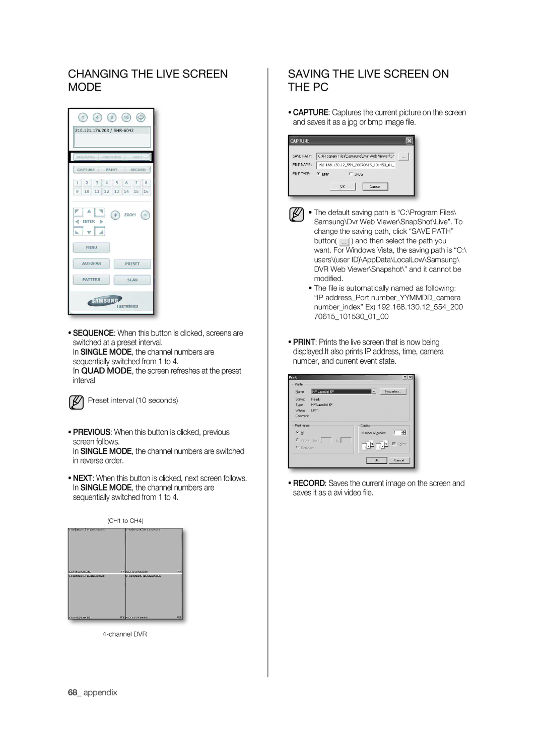 Samsung SHR-6040P, SHR-6042P manual Changing the Live Screen Mode, Saving the Live Screen on the PC 