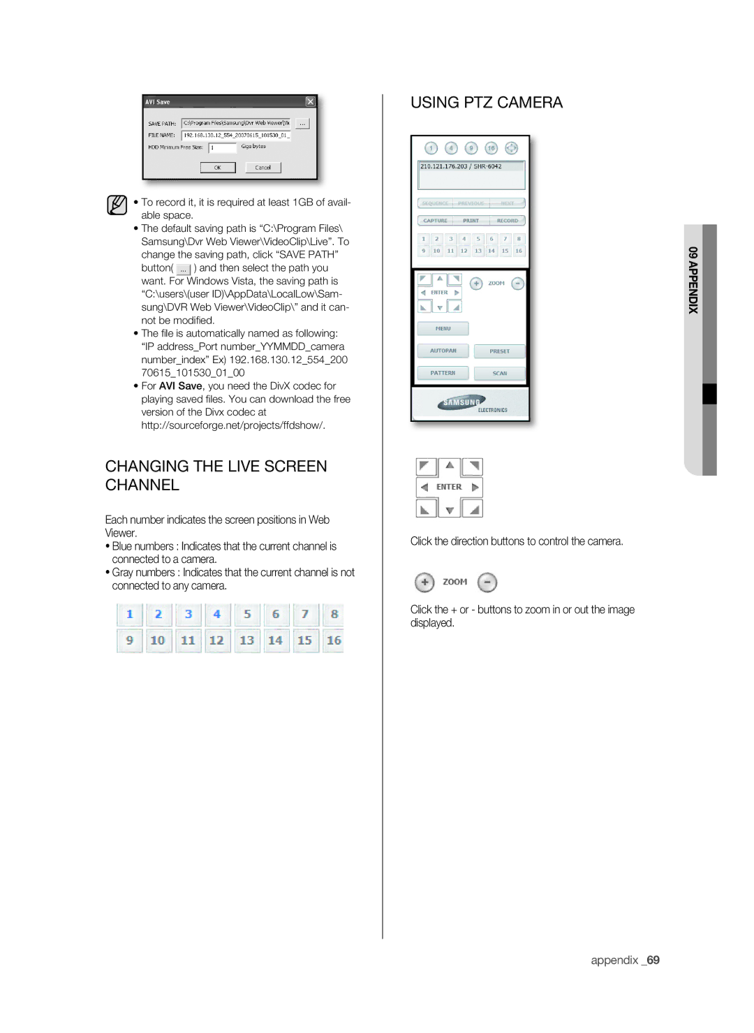 Samsung SHR-6042P, SHR-6040P manual Changing the Live Screen Channel, Using PTZ Camera 