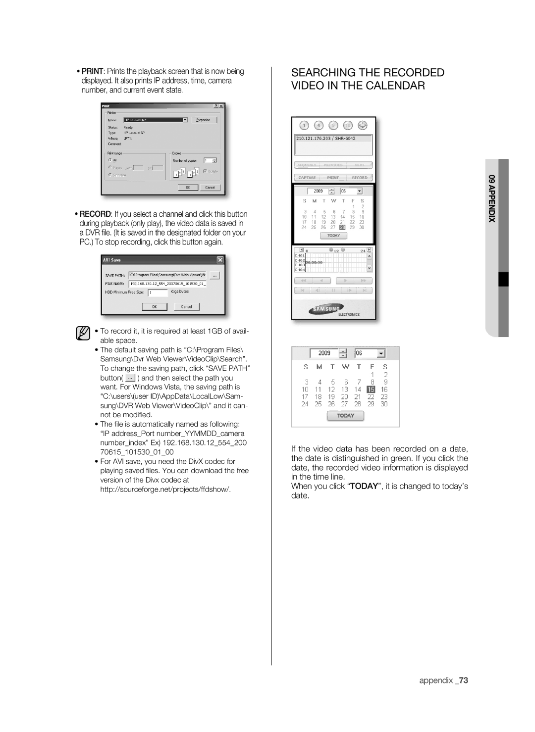 Samsung SHR-6042P, SHR-6040P manual Searching the Recorded Video in the Calendar 