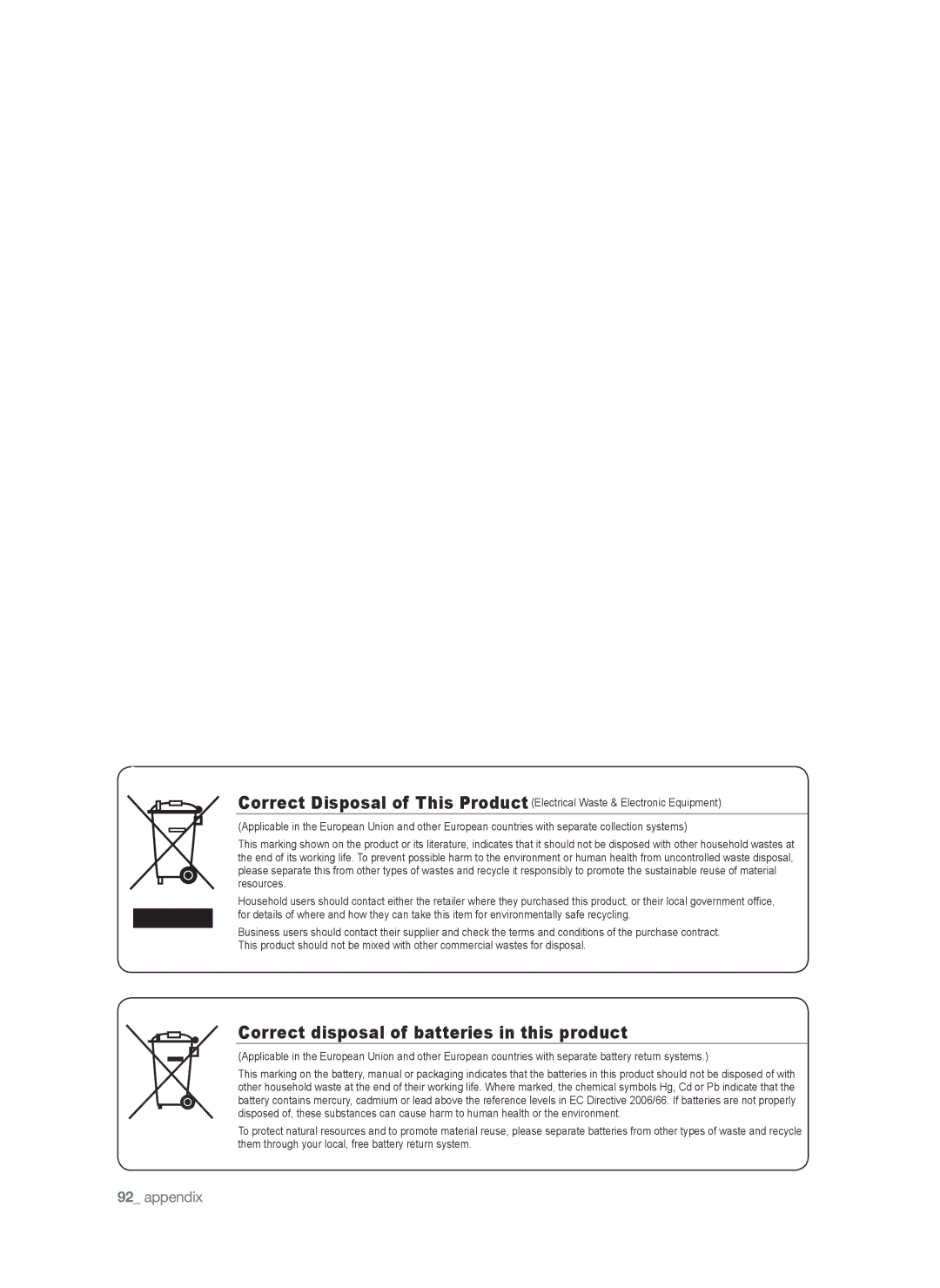 Samsung SHR-6040P, SHR-6042P manual Correct disposal of batteries in this product 