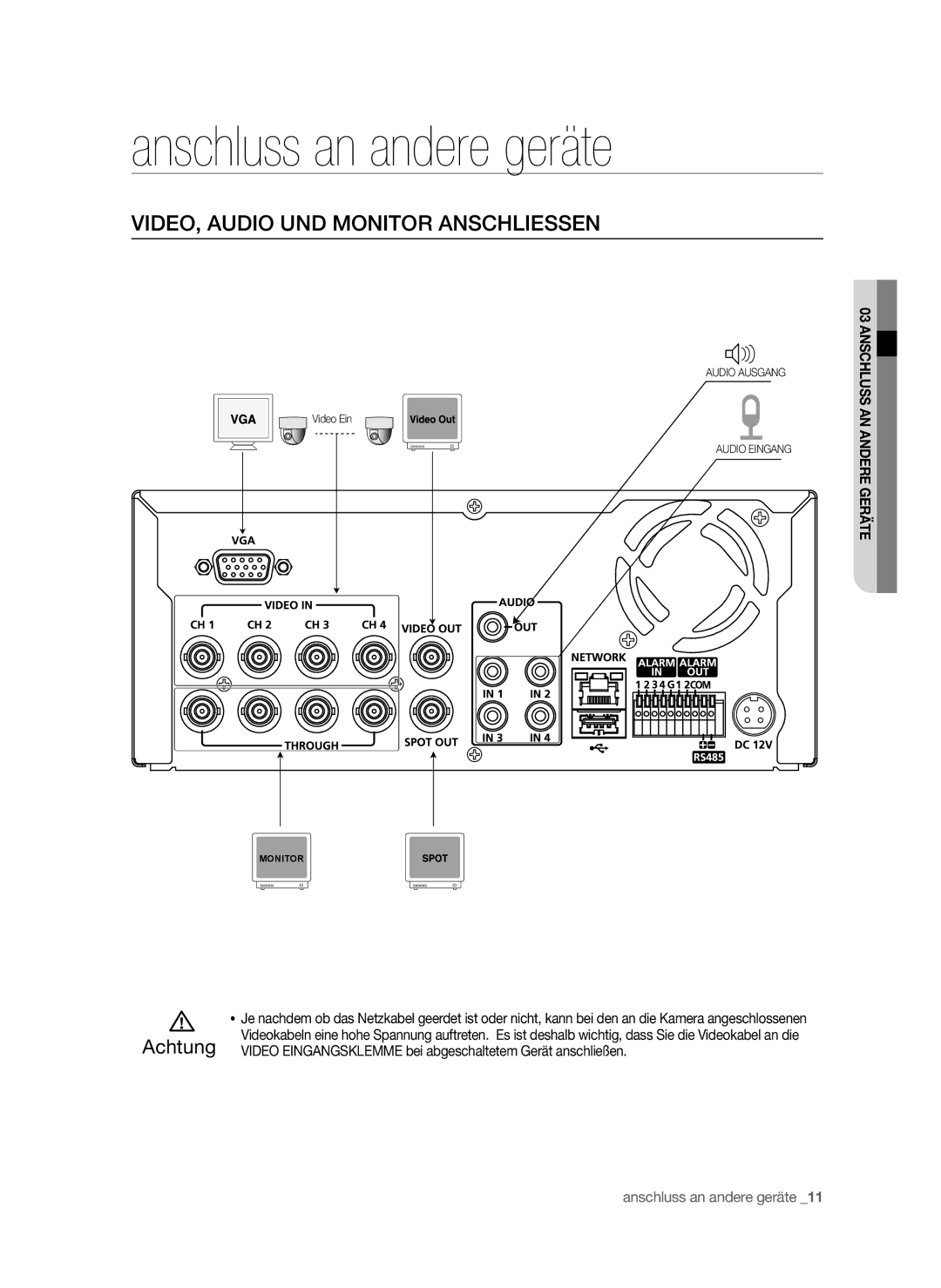 Samsung SHR-6042P, SHR-6040P manual Anschluss an andere geräte, VIDEO, Audio UND Monitor Anschliessen, Achtung 