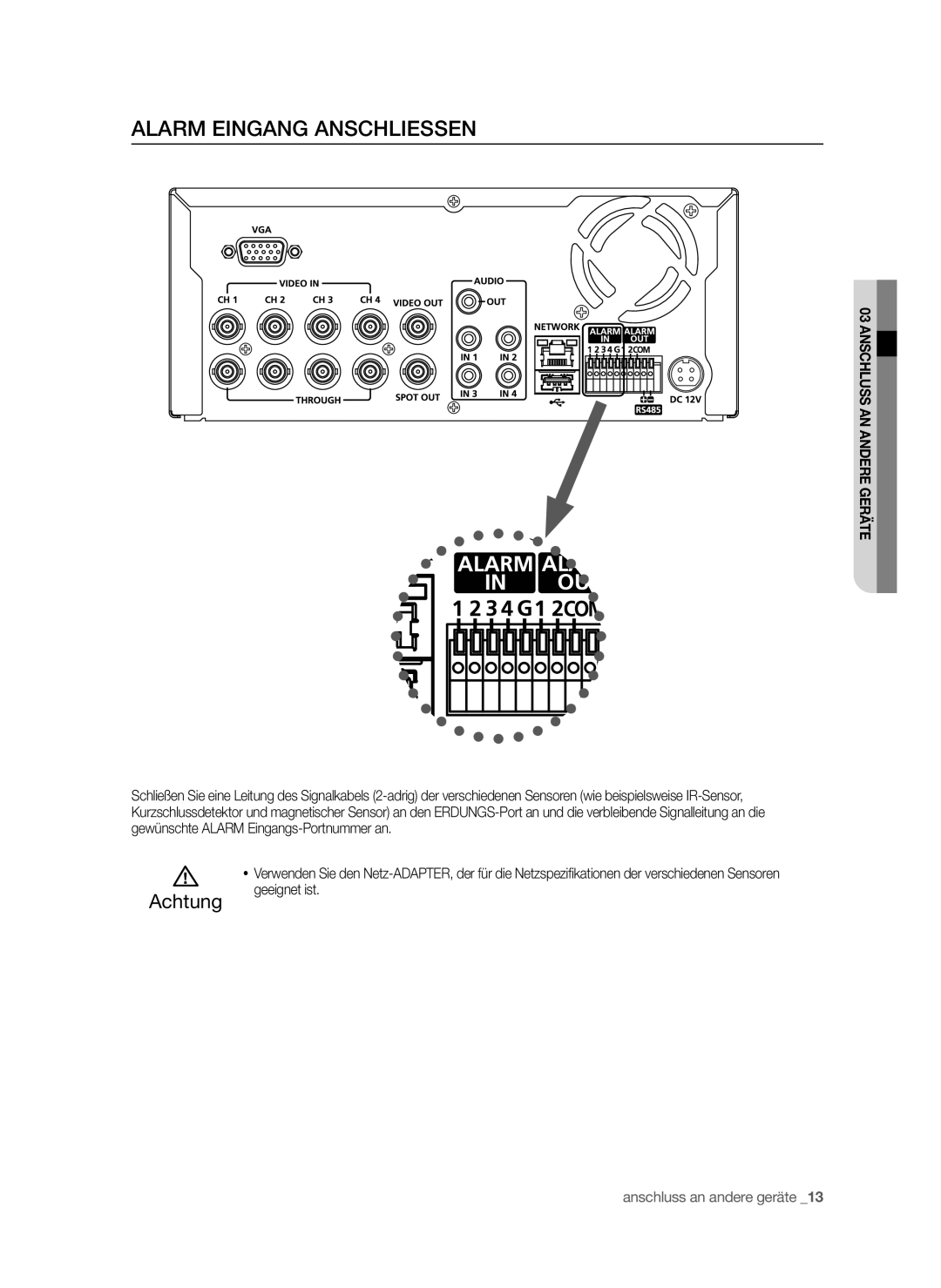 Samsung SHR-6042P, SHR-6040P manual Alarm Eingang Anschliessen 