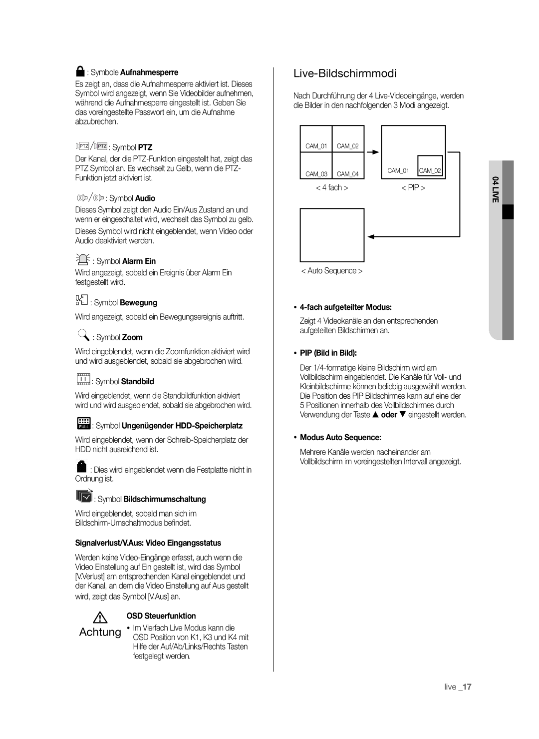 Samsung SHR-6042P, SHR-6040P manual Live-Bildschirmmodi 