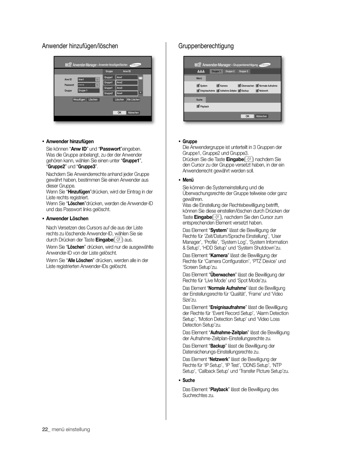 Samsung SHR-6040P, SHR-6042P manual Anwender hinzufügen/löschen, Gruppenberechtigung 