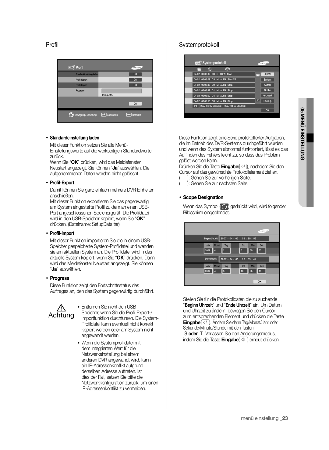 Samsung SHR-6042P, SHR-6040P manual Proﬁl, Systemprotokoll 