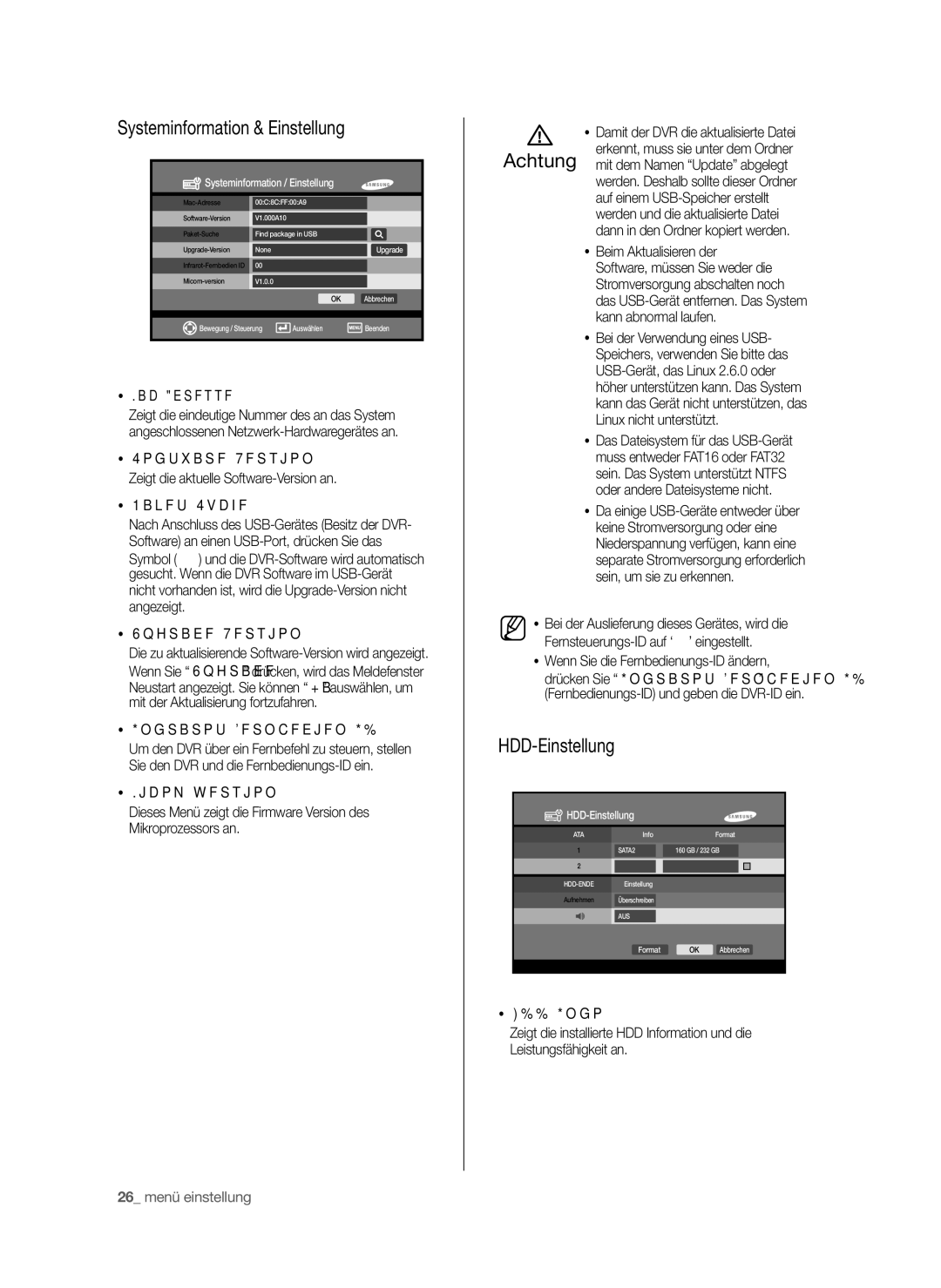 Samsung SHR-6040P, SHR-6042P manual Systeminformation & Einstellung, HDD-Einstellung, Mac-Adresse, Infrarot-Fernbedien ID 