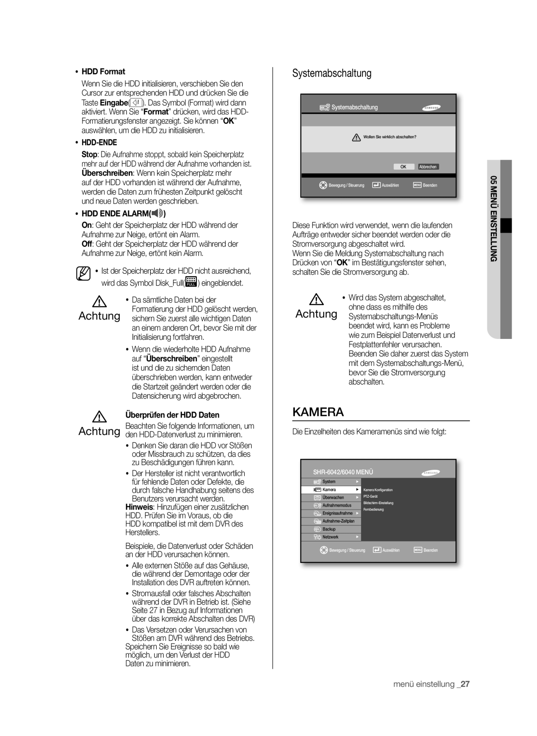 Samsung SHR-6042P, SHR-6040P manual Kamera, HDD Format, Hdd-Ende, HDD Ende Alarm, Überprüfen der HDD Daten 