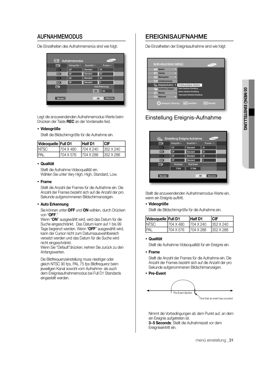 Samsung SHR-6042P, SHR-6040P manual Aufnahmemodus, Ereignisaufnahme, Einstellung Ereignis-Aufnahme, Cif 