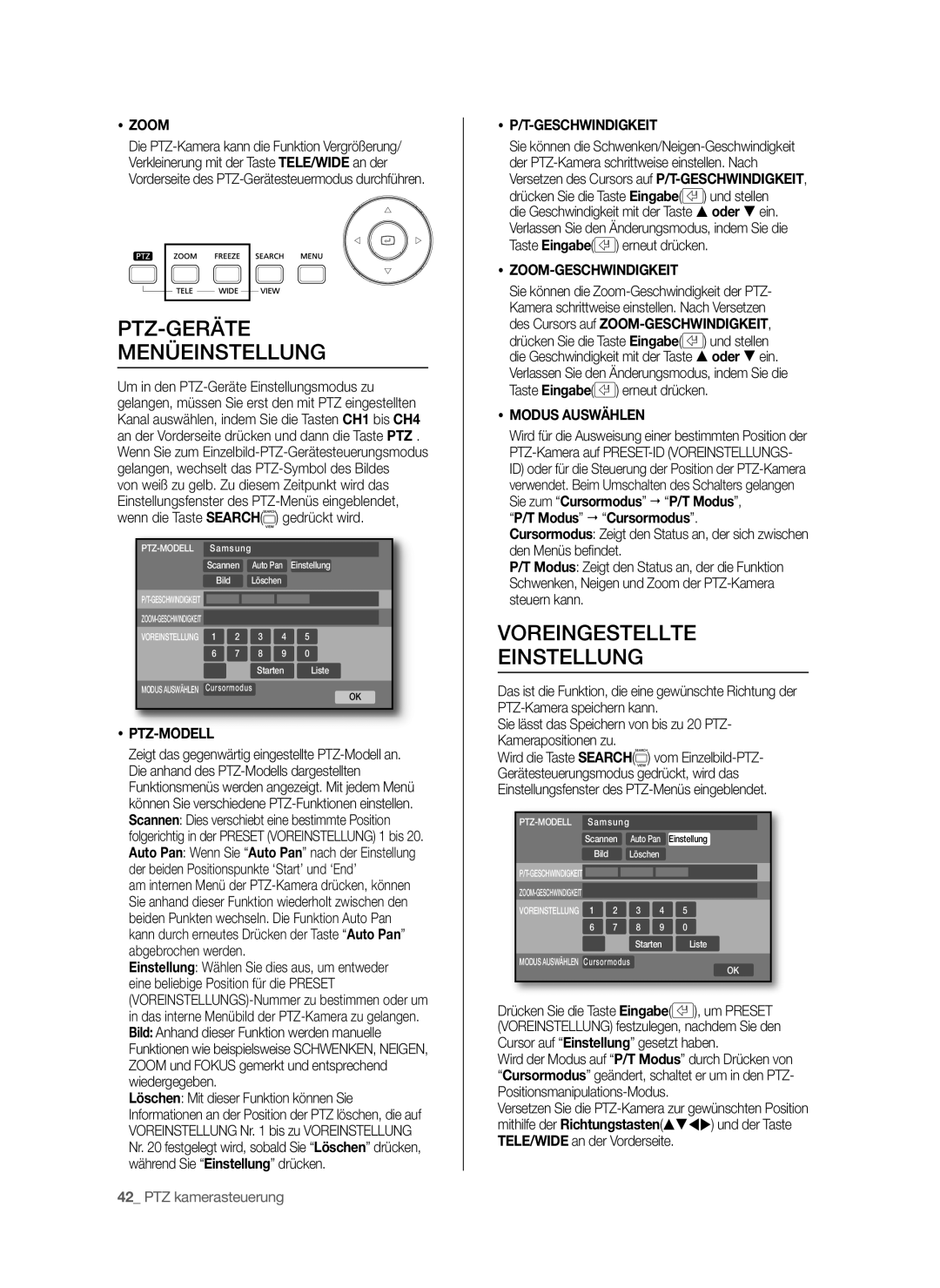 Samsung SHR-6040P, SHR-6042P manual PTZ-GERÄTE Menüeinstellung, Voreingestellte Einstellung 