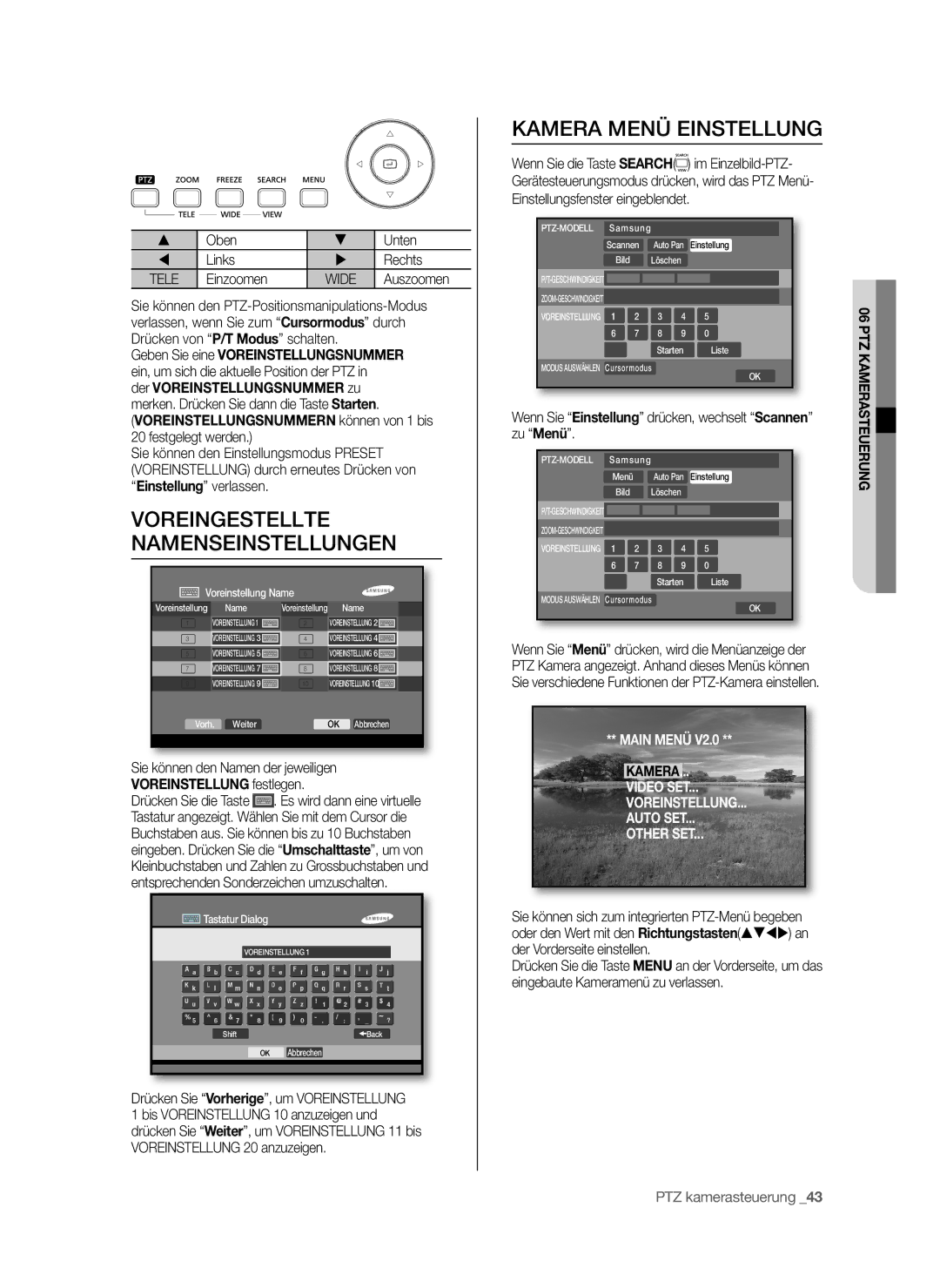 Samsung SHR-6042P, SHR-6040P manual Voreingestellte Namenseinstellungen, Kamera Menü Einstellung 