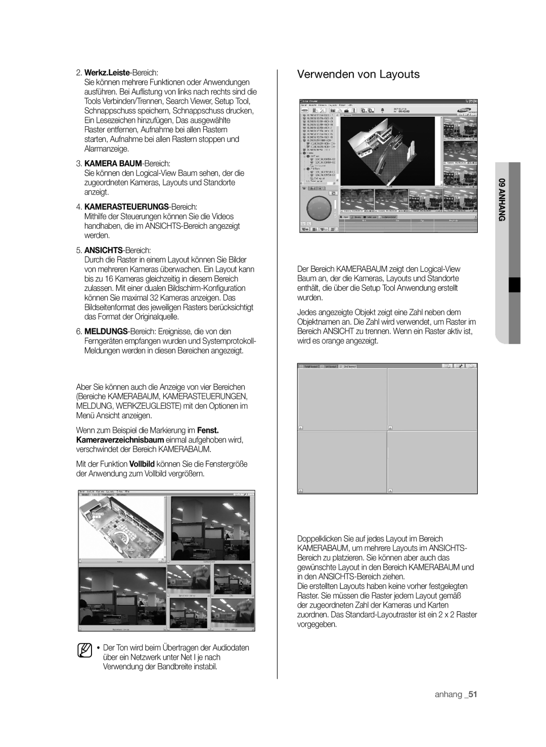 Samsung SHR-6042P, SHR-6040P manual Verwenden von Layouts, Kamera BAUM-Bereich, KAMERASTEUERUNGS-Bereich 