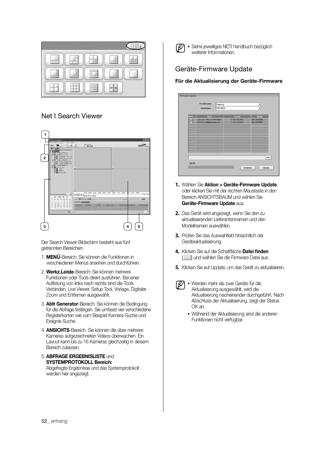 Samsung SHR-6040P manual Net I Search Viewer, Geräte-Firmware Update, Abfrage Ergebnisliste und Systemprotokoll Bereich 