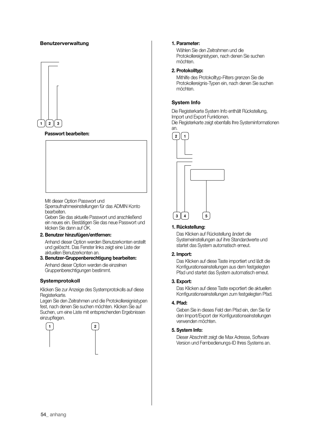 Samsung SHR-6040P Benutzerverwaltung Passwort bearbeiten, Benutzer hinzufügen/entfernen, Systemprotokoll, Parameter, Pfad 