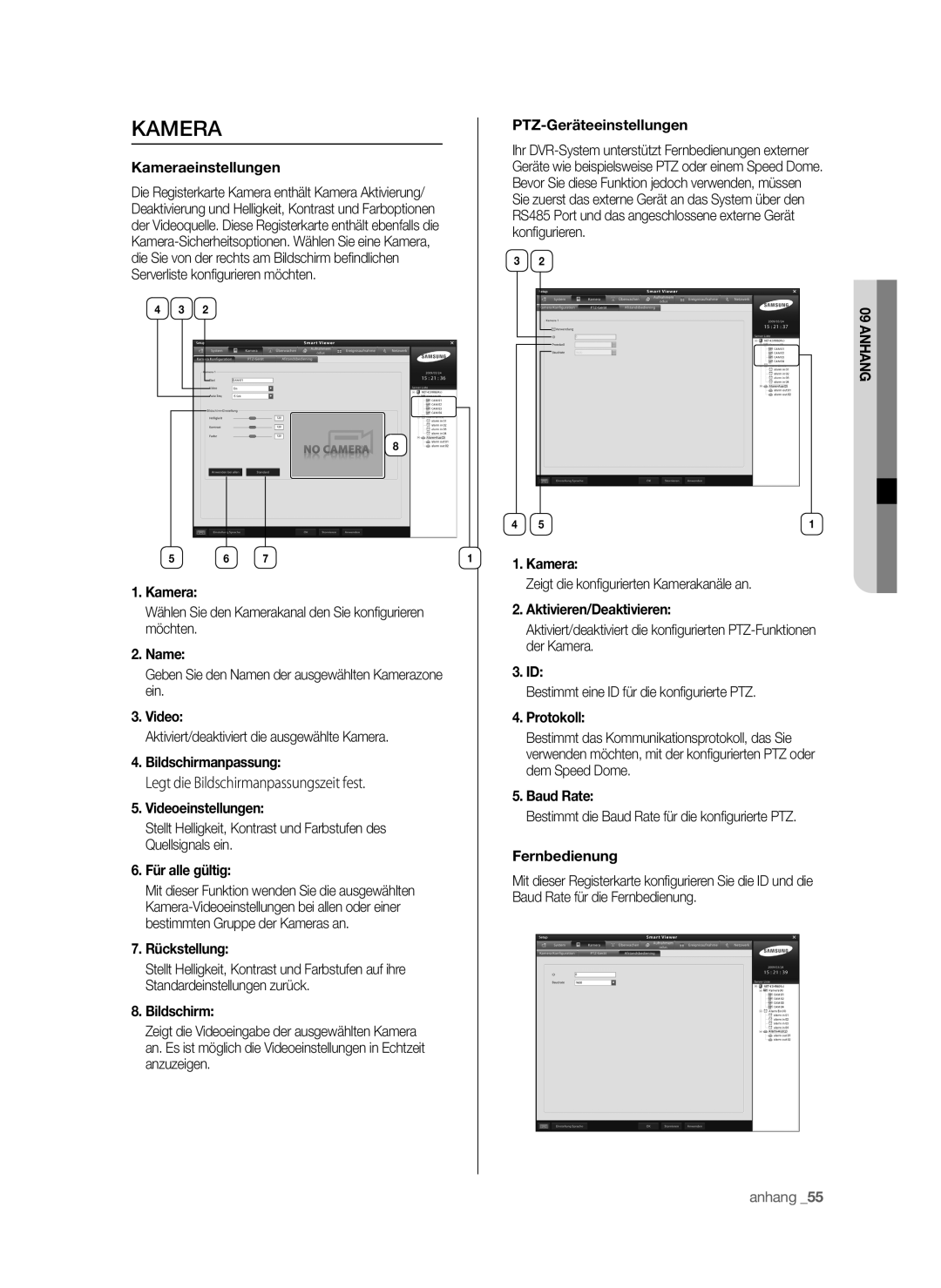 Samsung SHR-6042P manual Kameraeinstellungen, Name, Bildschirmanpassung, Videoeinstellungen, Für alle gültig, Baud Rate 