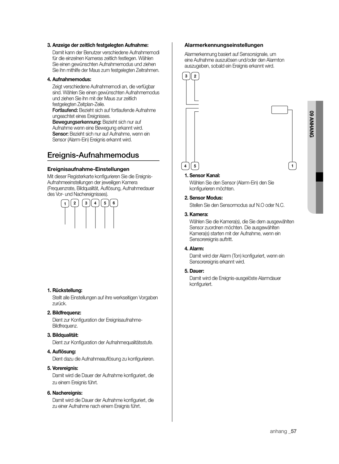 Samsung SHR-6042P Anzeige der zeitlich festgelegten Aufnahme, Aufnahmemodus, Ereignisaufnahme-Einstellungen, Vorereignis 