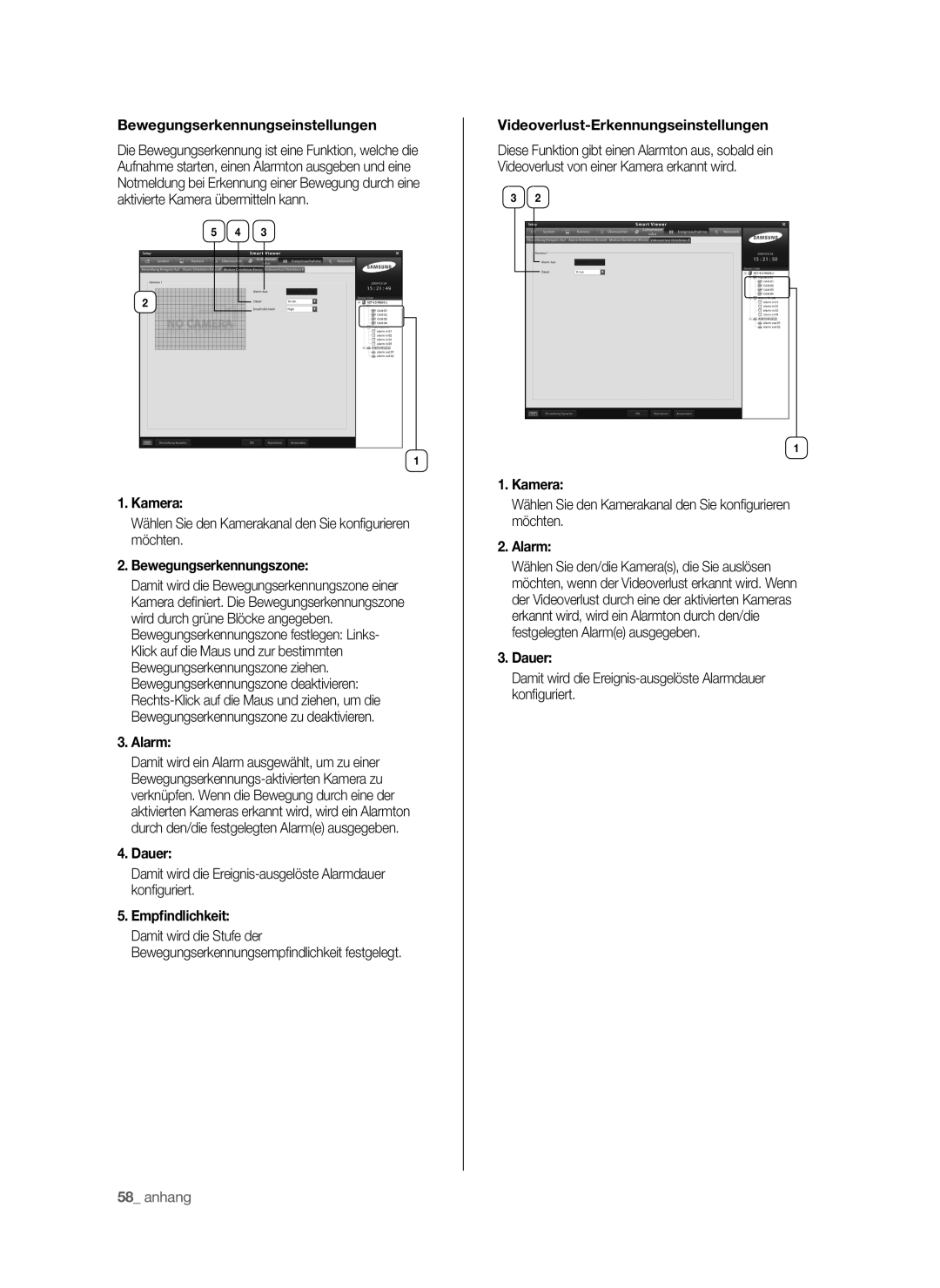 Samsung SHR-6040P manual Bewegungserkennungseinstellungen, Bewegungserkennungszone, Videoverlust-Erkennungseinstellungen 