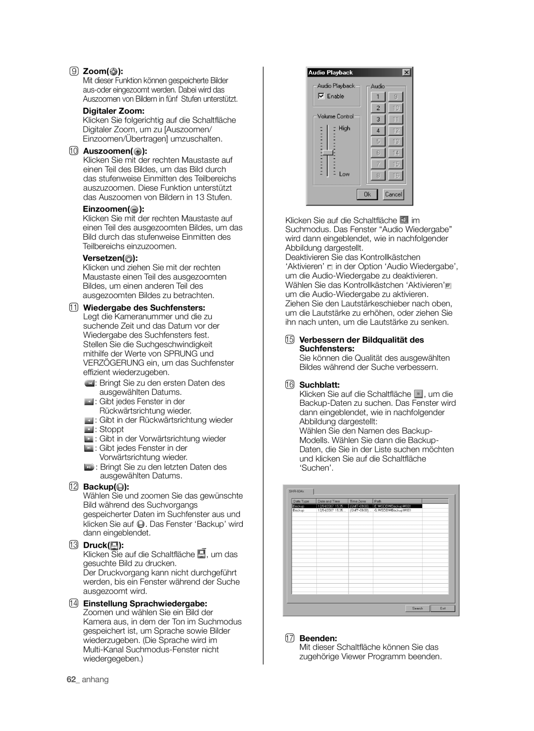 Samsung SHR-6040P, SHR-6042P manual Digitaler Zoom, Auszoomen, Einzoomen, Versetzen, Backup, Suchblatt, Beenden 