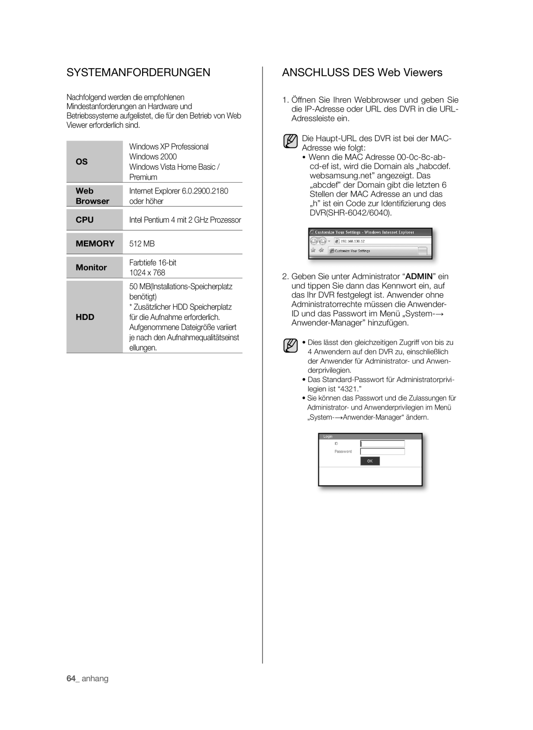 Samsung SHR-6040P, SHR-6042P manual Systemanforderungen, Anschluss DES Web Viewers, Cpu, Memory, Hdd 