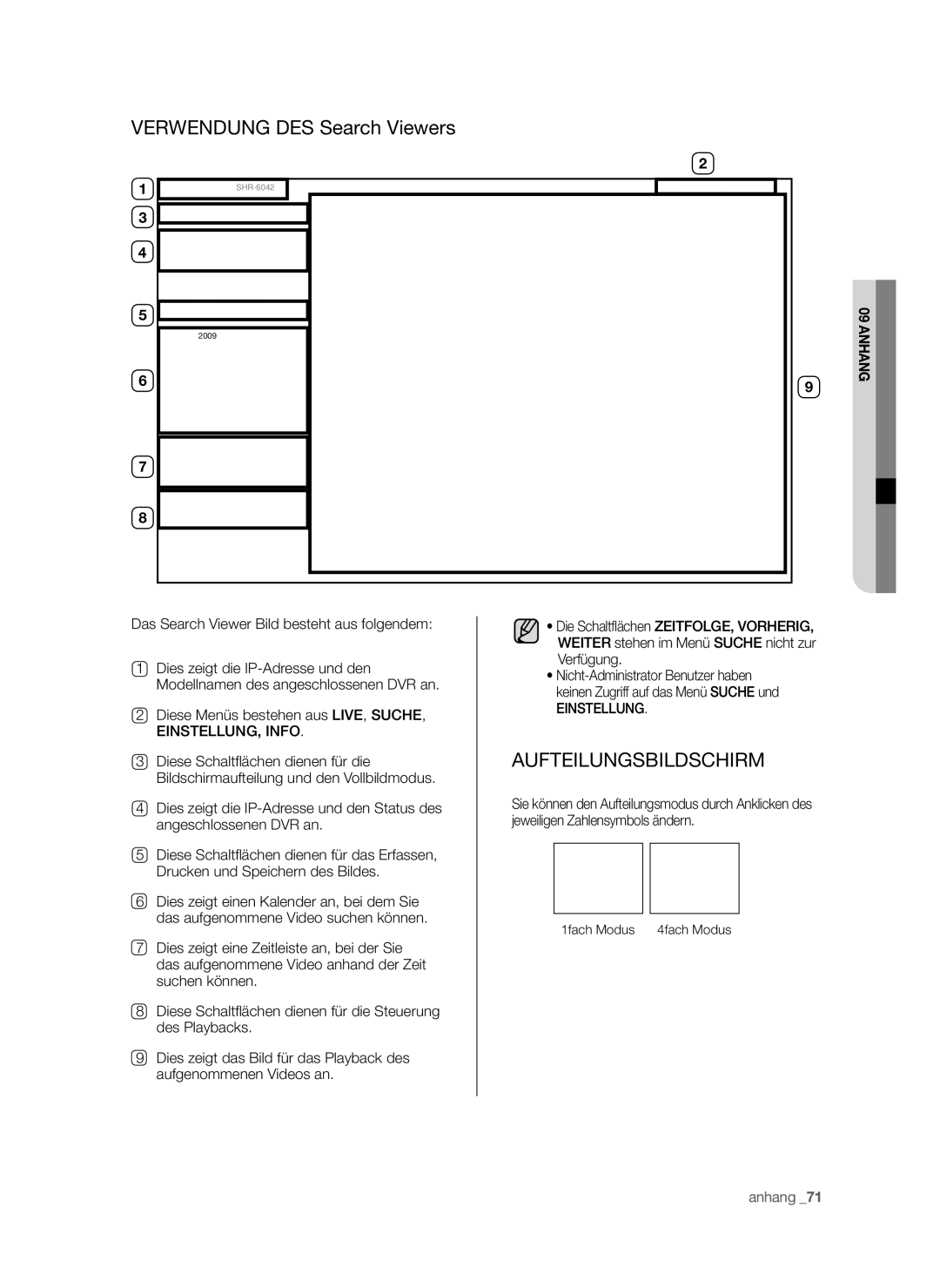 Samsung SHR-6042P, SHR-6040P manual Verwendung DES Search Viewers, Das Search Viewer Bild besteht aus folgendem, Einstellung 