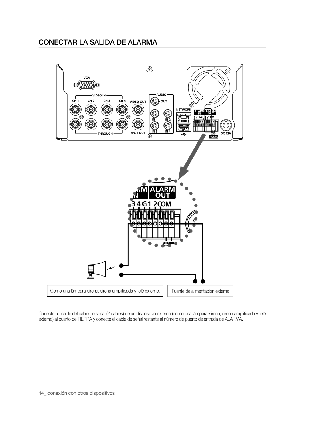 Samsung SHR-6040P, SHR-6042P manual Conectar LA Salida DE Alarma, Fuente de alimentación externa 