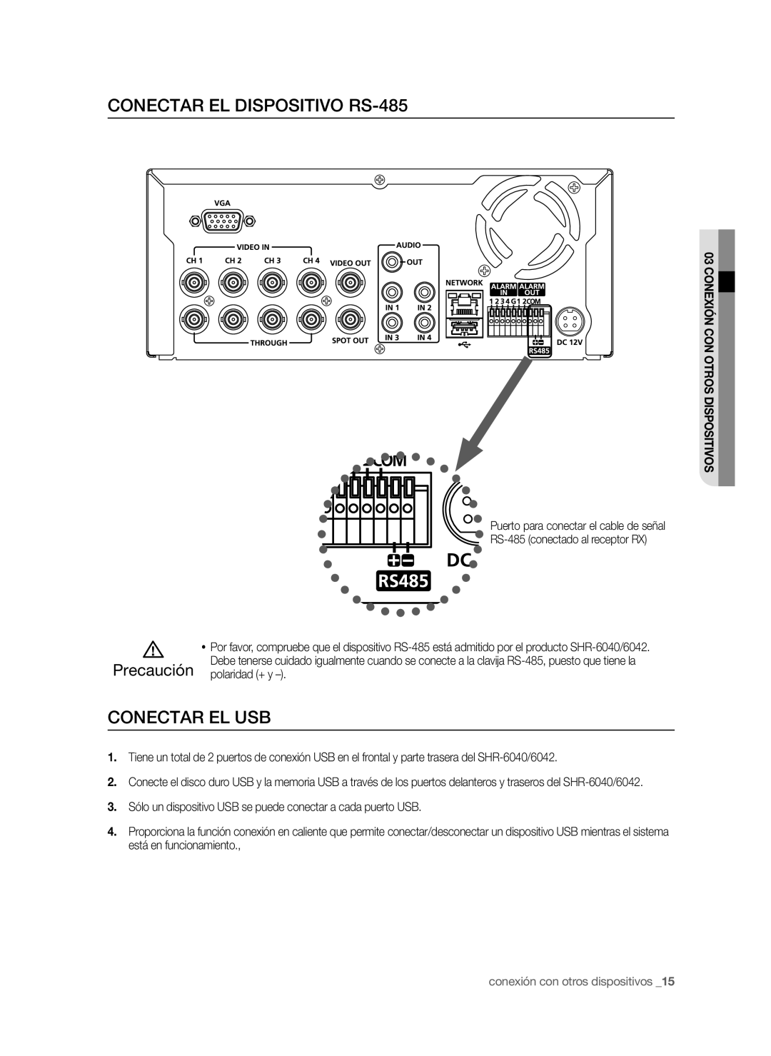 Samsung SHR-6042P, SHR-6040P manual Conectar EL Dispositivo RS-485, Conectar EL USB, Polaridad + y 