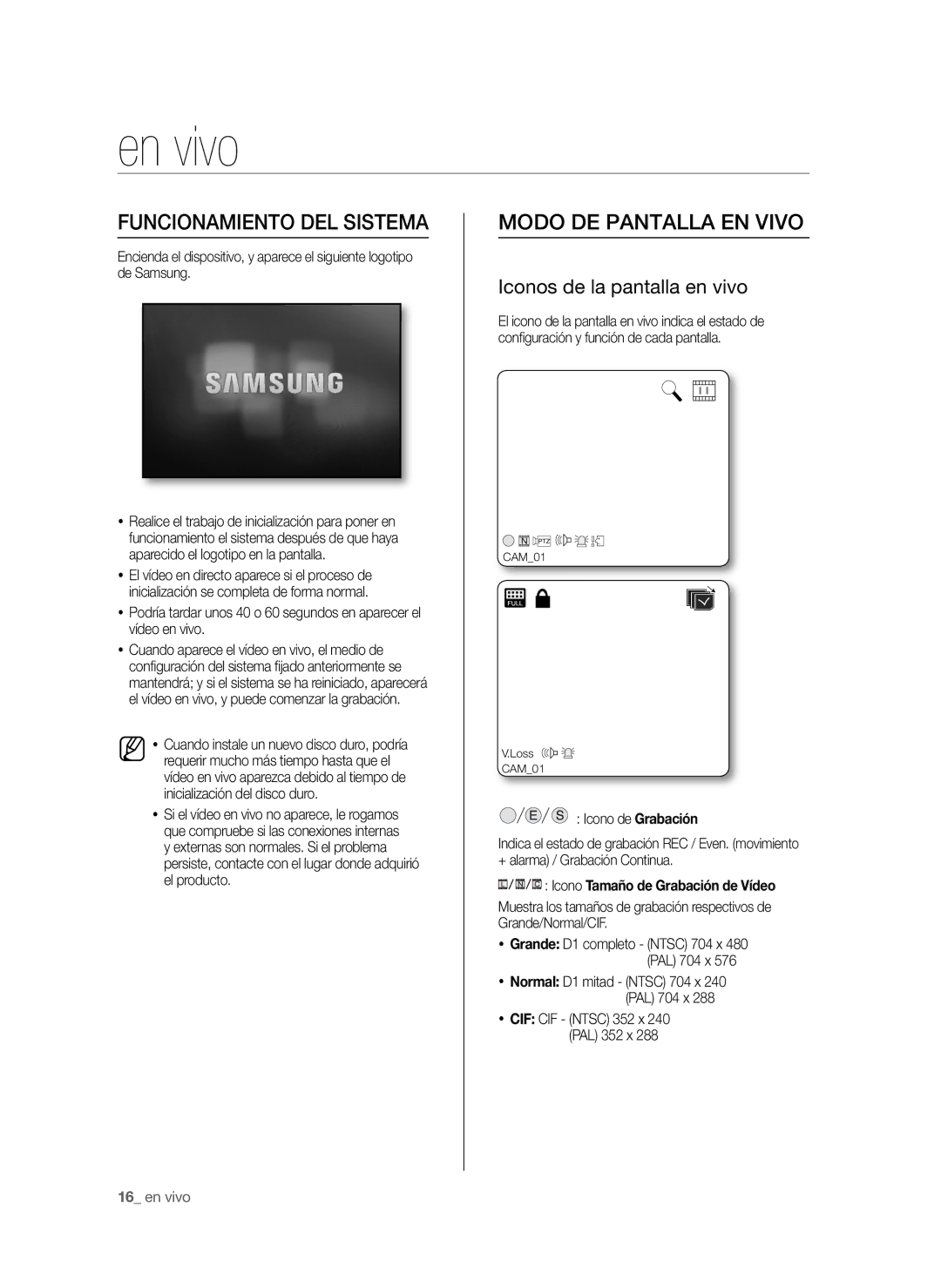 Samsung SHR-6040P, SHR-6042P En vivo, Funcionamiento DEL Sistema, Modo DE Pantalla EN Vivo, Iconos de la pantalla en vivo 