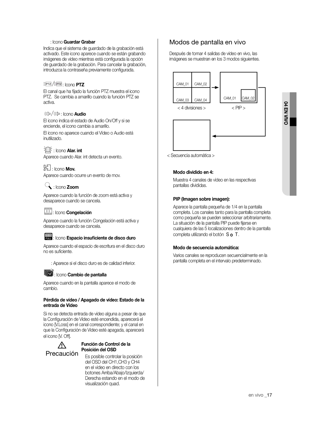 Samsung SHR-6042P, SHR-6040P manual Modos de pantalla en vivo 