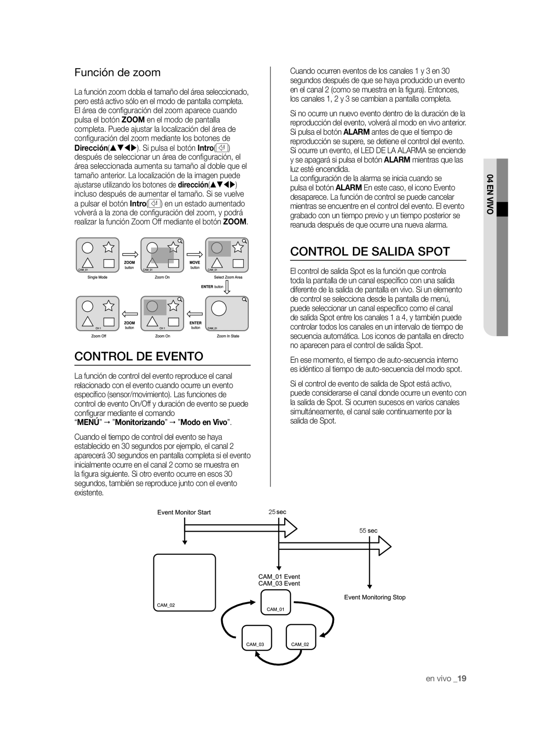 Samsung SHR-6042P manual Control DE Evento, Control DE Salida Spot, Función de zoom, Menú  Monitorizando  Modo en Vivo 