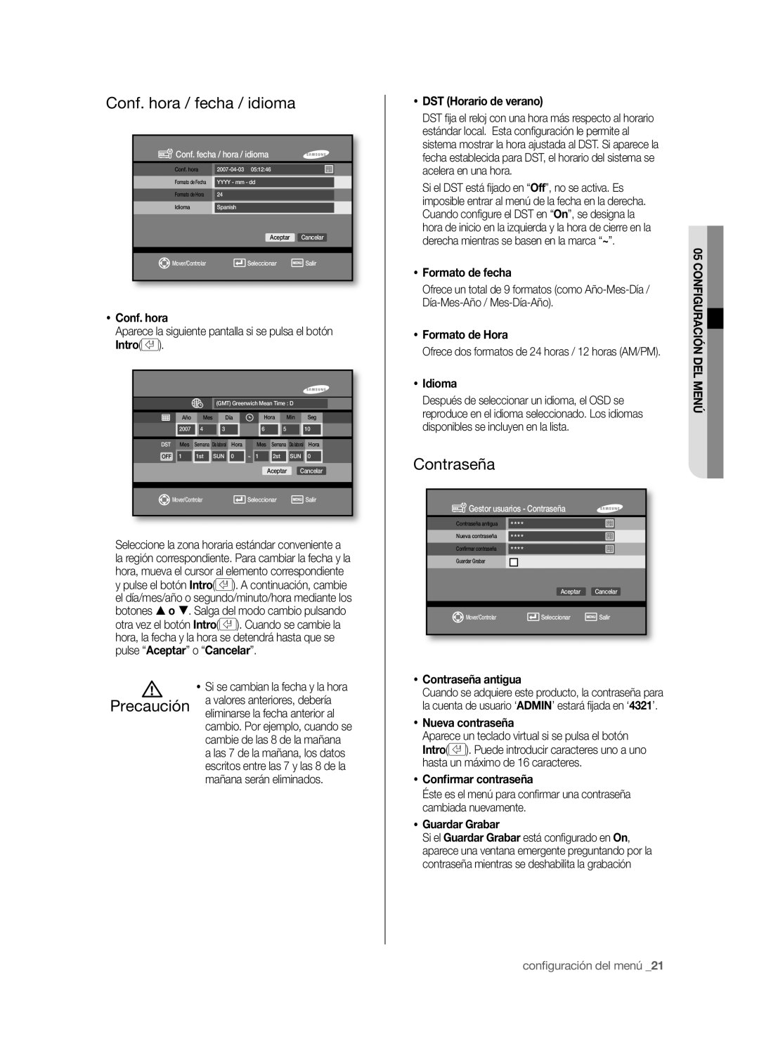 Samsung SHR-6042P, SHR-6040P manual Conf. hora / fecha / idioma, Contraseña 