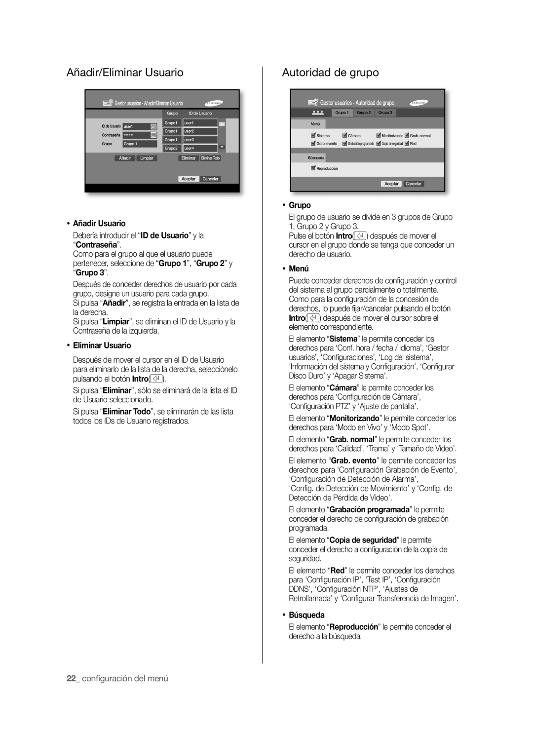 Samsung SHR-6040P, SHR-6042P manual Añadir/Eliminar Usuario, Autoridad de grupo 