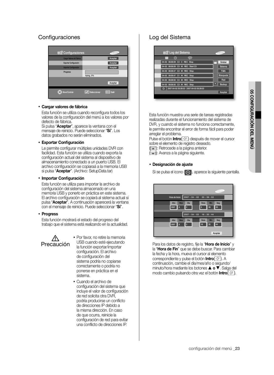 Samsung SHR-6042P, SHR-6040P manual Conﬁguraciones, Log del Sistema 