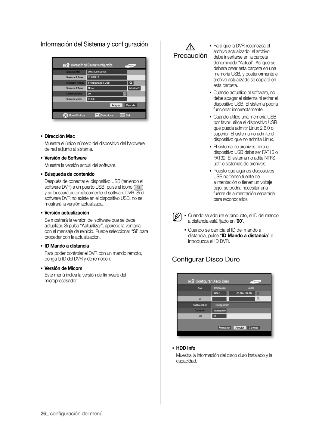 Samsung SHR-6040P, SHR-6042P manual Información del Sistema y conﬁguración, Conﬁgurar Disco Duro 