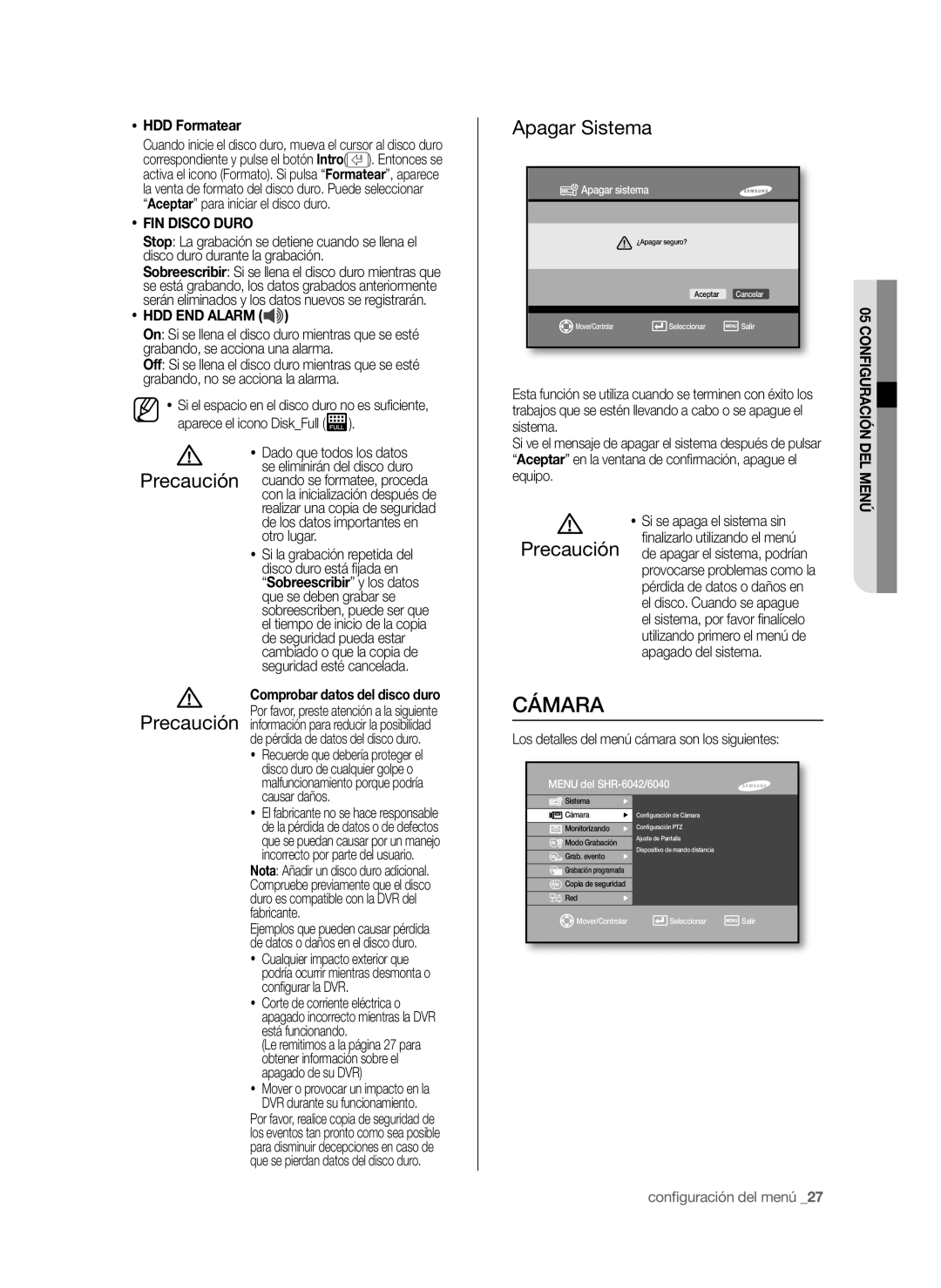 Samsung SHR-6042P, SHR-6040P manual Cámara, Apagar Sistema, FIN Disco Duro, HDD END Alarm 