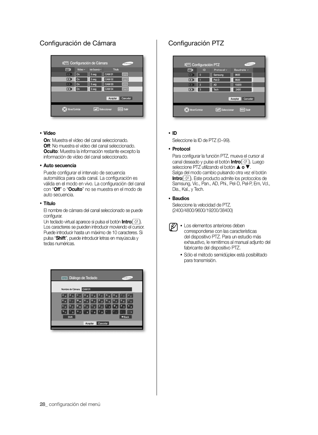 Samsung SHR-6040P, SHR-6042P manual Conﬁguración de Cámara, Conﬁguración PTZ 