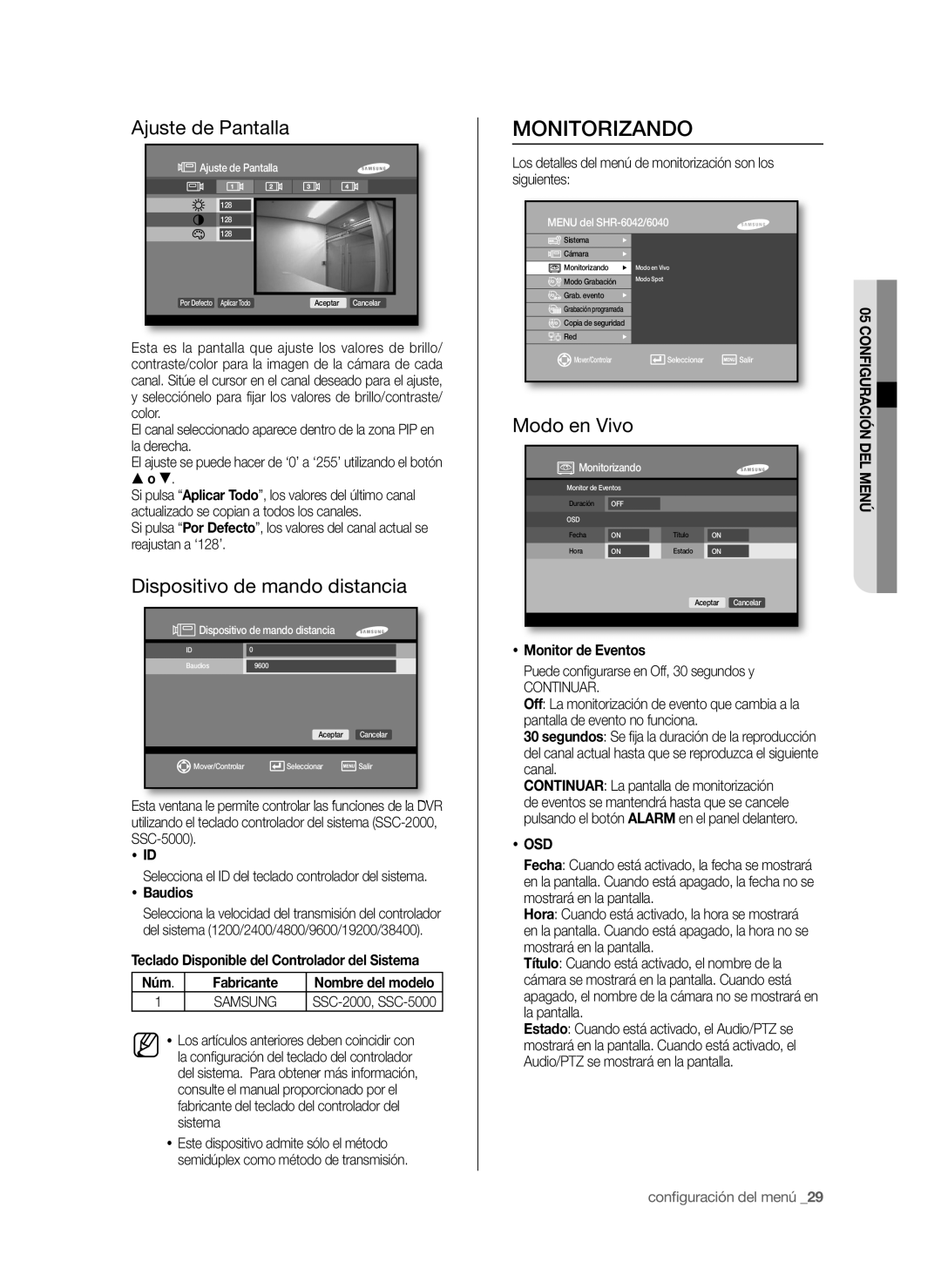 Samsung SHR-6042P, SHR-6040P manual Monitorizando, Ajuste de Pantalla, Dispositivo de mando distancia, Modo en Vivo, Osd 