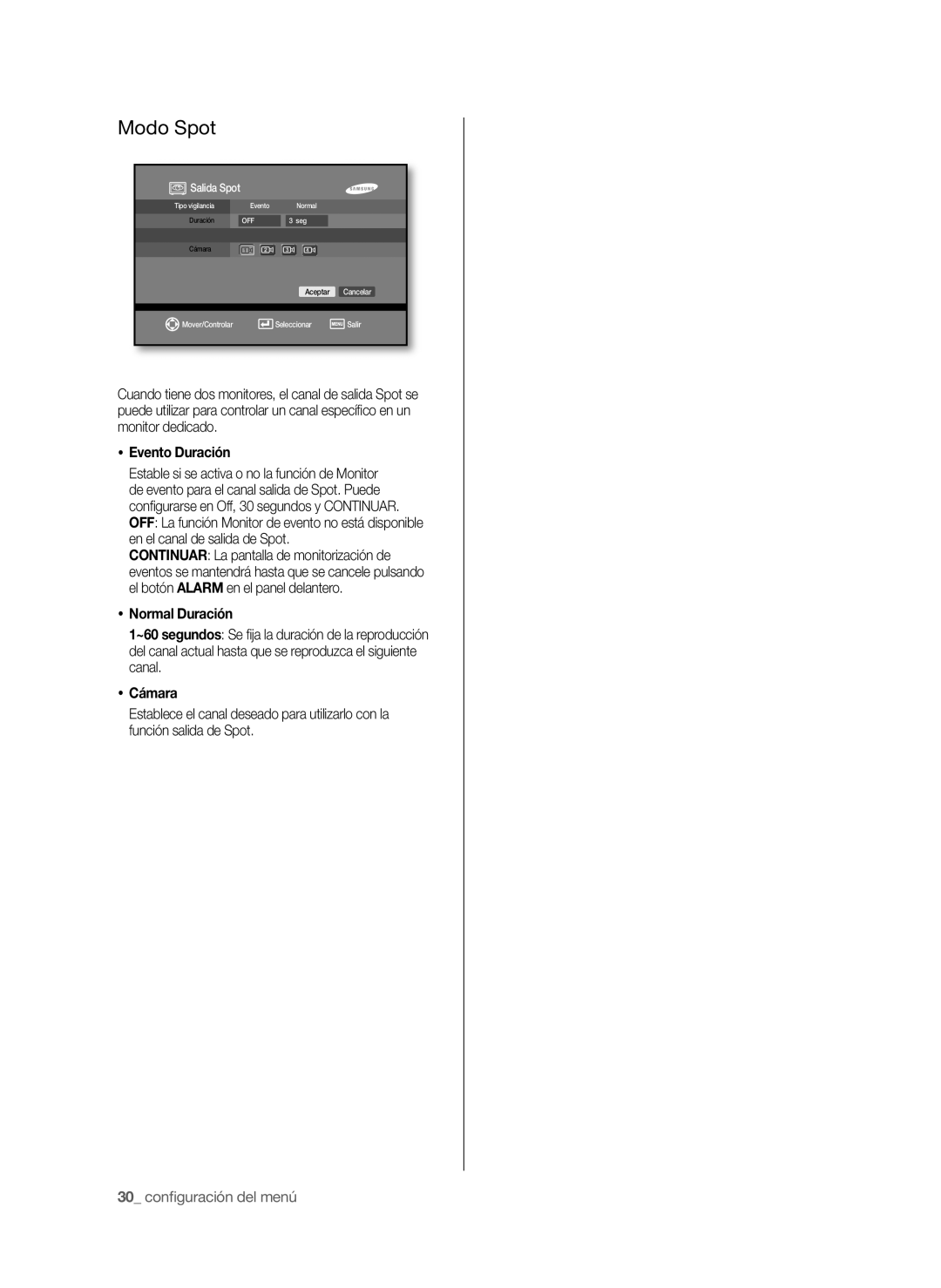 Samsung SHR-6040P, SHR-6042P manual Modo Spot, Evento Duración, Normal Duración, Cámara, 30 conﬁguración del menú 