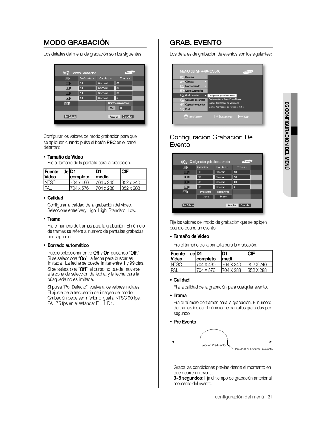 Samsung SHR-6042P, SHR-6040P manual Modo Grabación, GRAB. Evento, Conﬁguración Grabación De Evento, Cif 