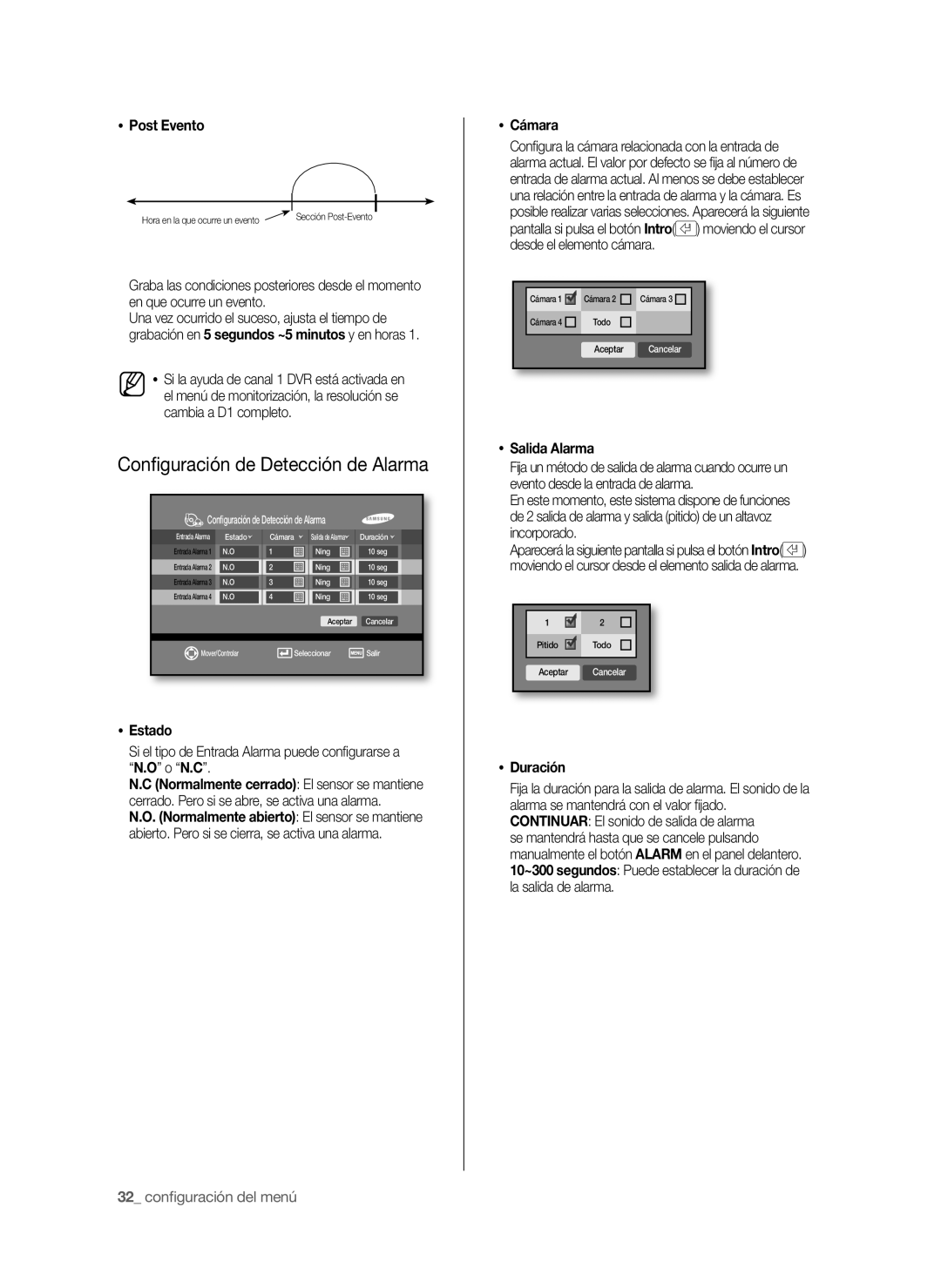 Samsung SHR-6040P, SHR-6042P manual Conﬁguración de Detección de Alarma, Post Evento, Estado, Salida Alarma, Duración 