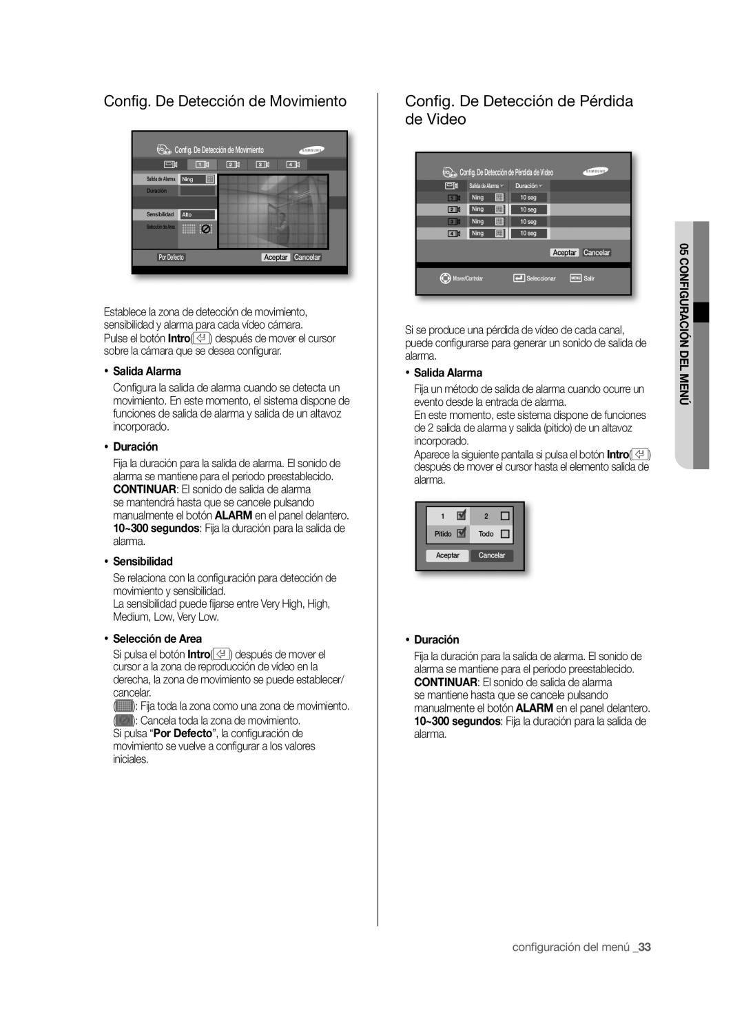 Samsung SHR-6042P, SHR-6040P manual Conﬁg. De Detección de Movimiento, Conﬁg. De Detección de Pérdida de Video, Sensibilidad 