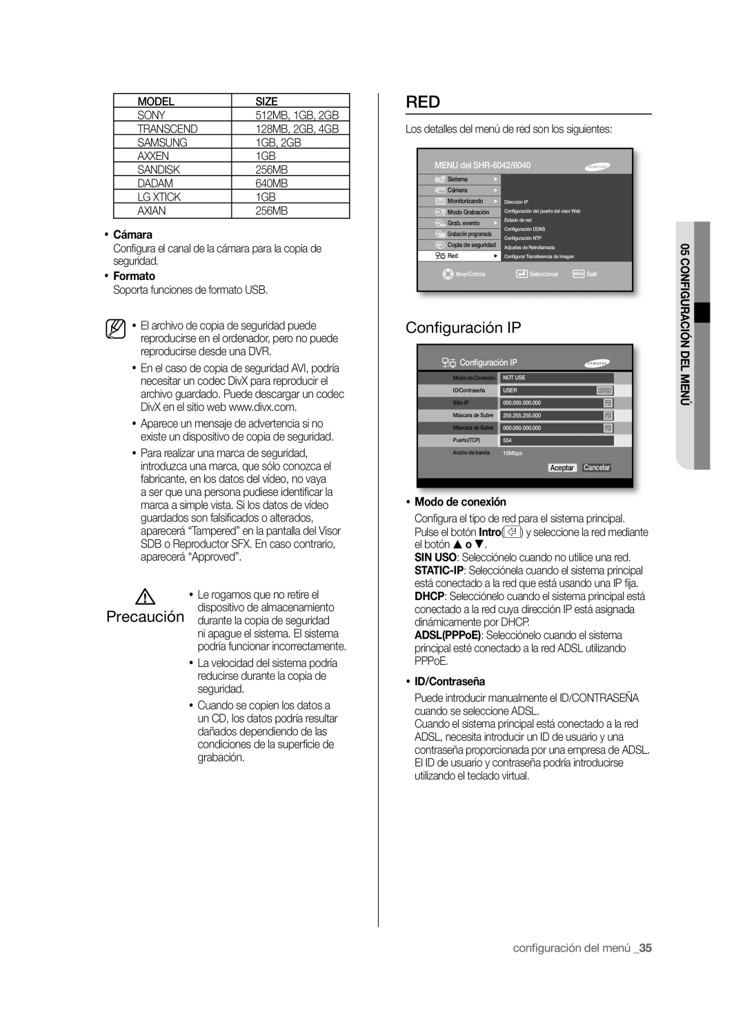 Samsung SHR-6042P, SHR-6040P manual Red, Conﬁguración IP, Formato, Modo de conexión, ID/Contraseña 