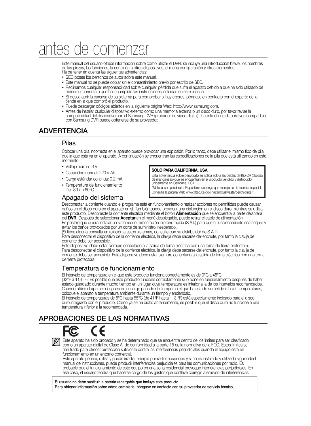 Samsung SHR-6040P, SHR-6042P manual Antes de comenzar, Advertencia, Aprobaciones DE LAS Normativas 