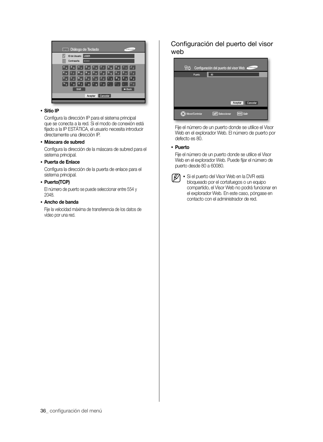 Samsung SHR-6040P, SHR-6042P manual Conﬁguración del puerto del visor web 