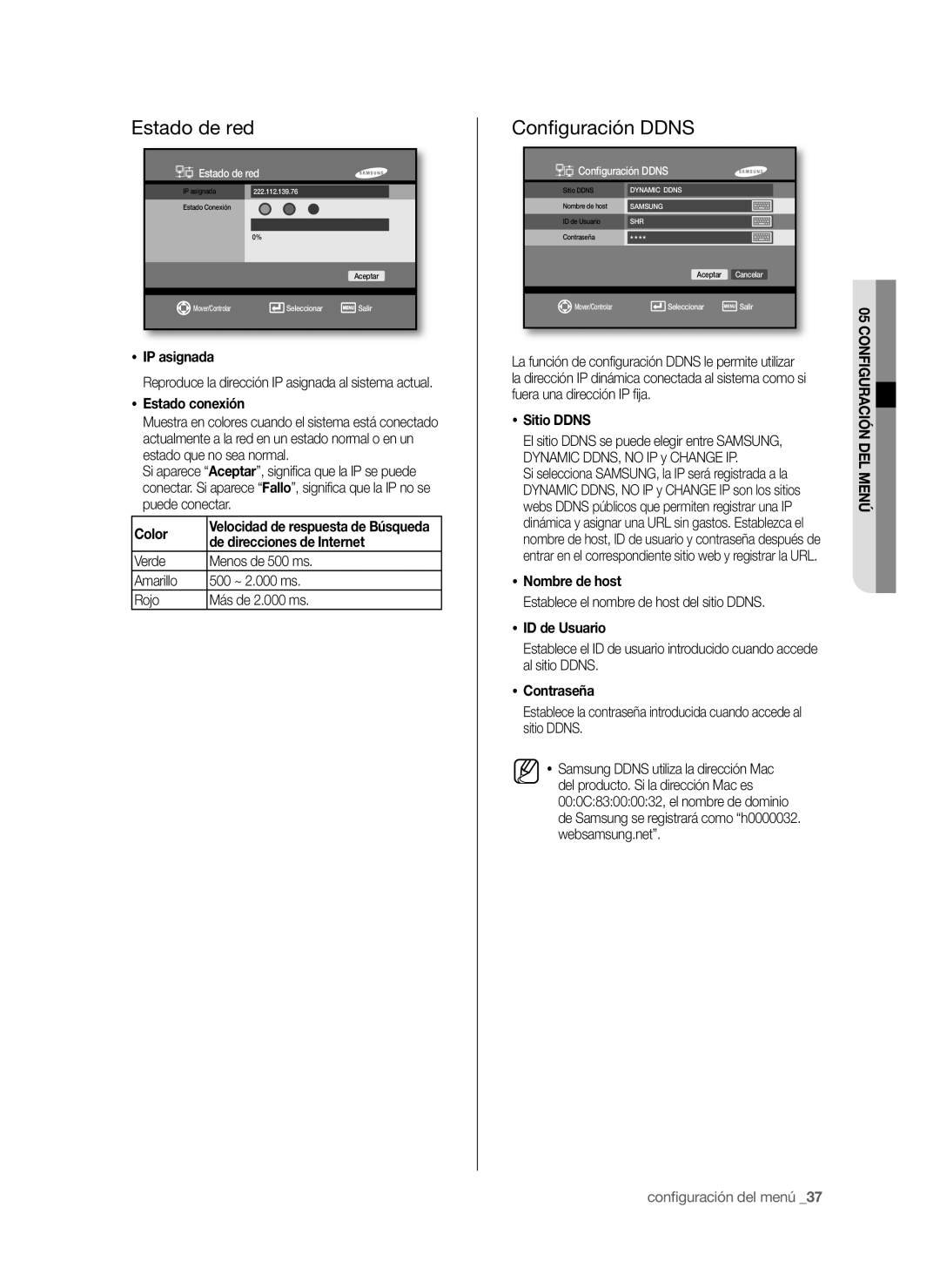 Samsung SHR-6042P, SHR-6040P manual Estado de red, Conﬁguración Ddns 