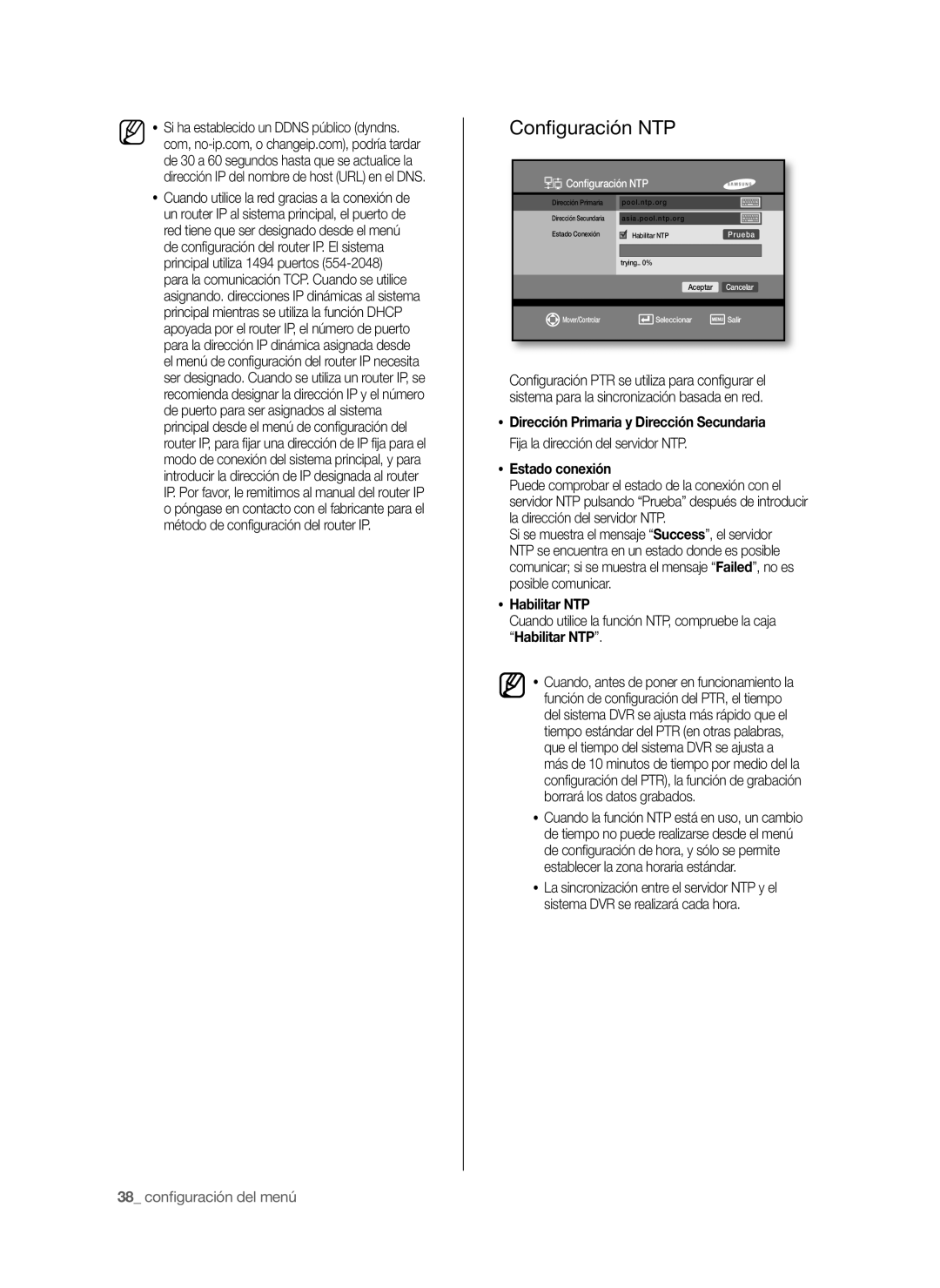 Samsung SHR-6040P manual Conﬁguración NTP, Dirección Primaria y Dirección Secundaria, Fija la dirección del servidor NTP 