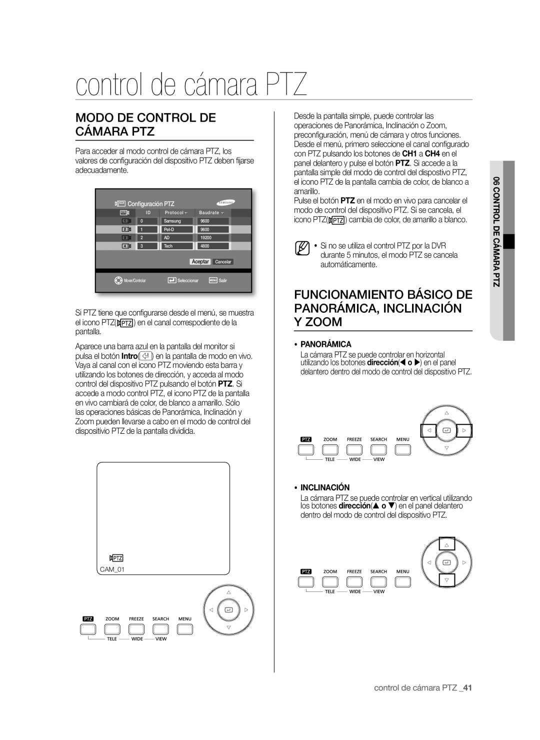 Samsung SHR-6042P, SHR-6040P manual Control de cámara PTZ, Modo DE Control DE Cámara PTZ, Panorámica, Inclinación 