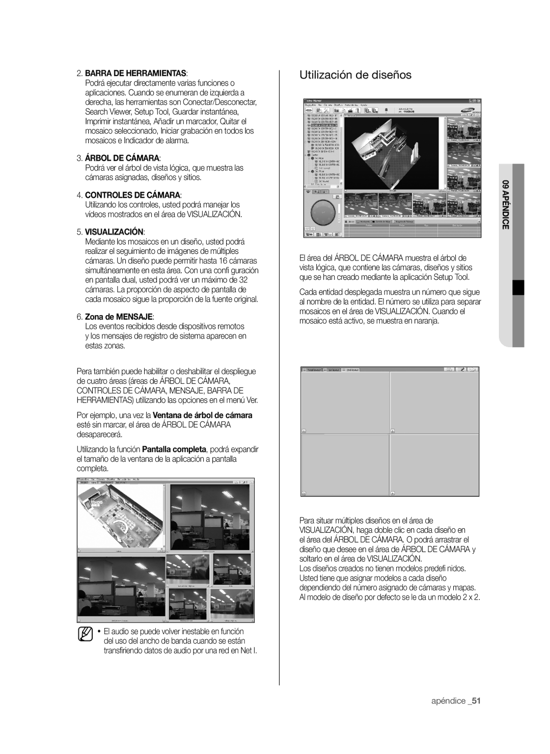 Samsung SHR-6042P, SHR-6040P Utilización de diseños, Árbol DE Cámara, Controles DE Cámara, Visualización, Zona de Mensaje 