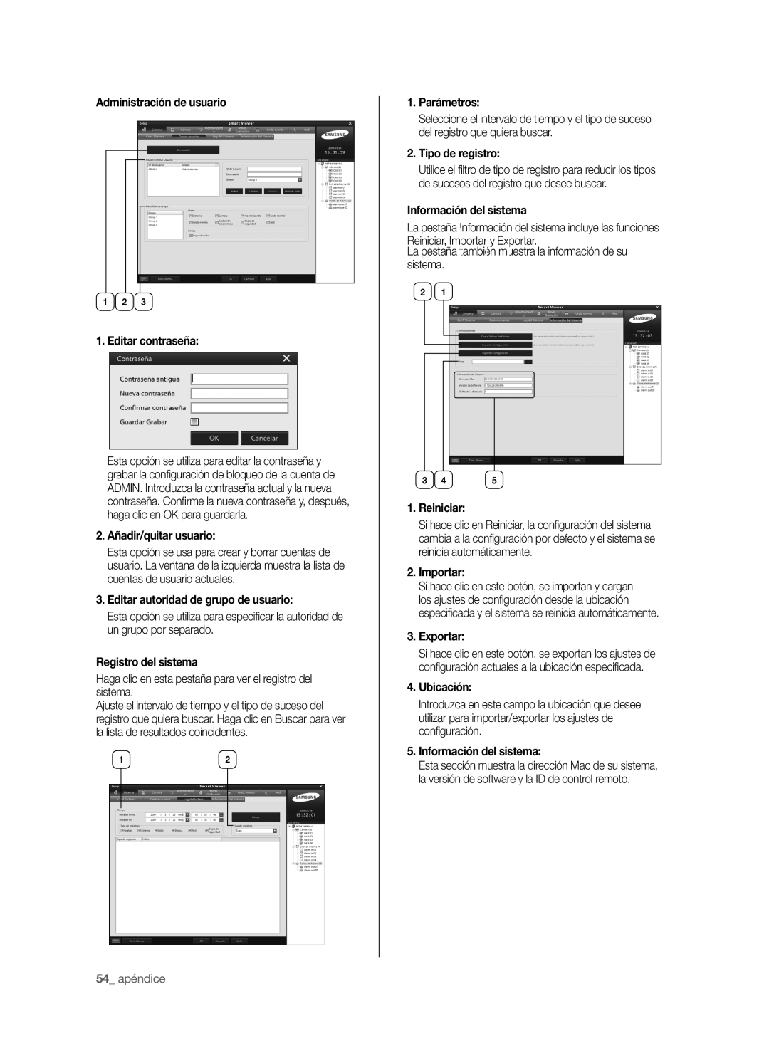 Samsung SHR-6040P Administración de usuario Editar contraseña, Añadir/quitar usuario, Editar autoridad de grupo de usuario 