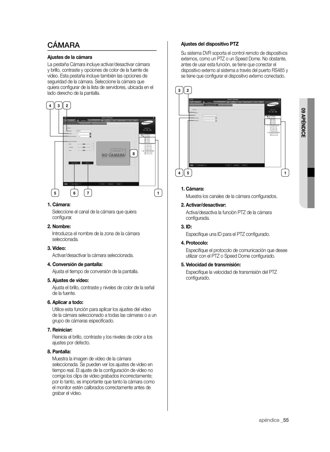 Samsung SHR-6042P manual Ajustes de la cámara, Conversión de pantalla, Ajustes de vídeo, Aplicar a todo, Activar/desactivar 