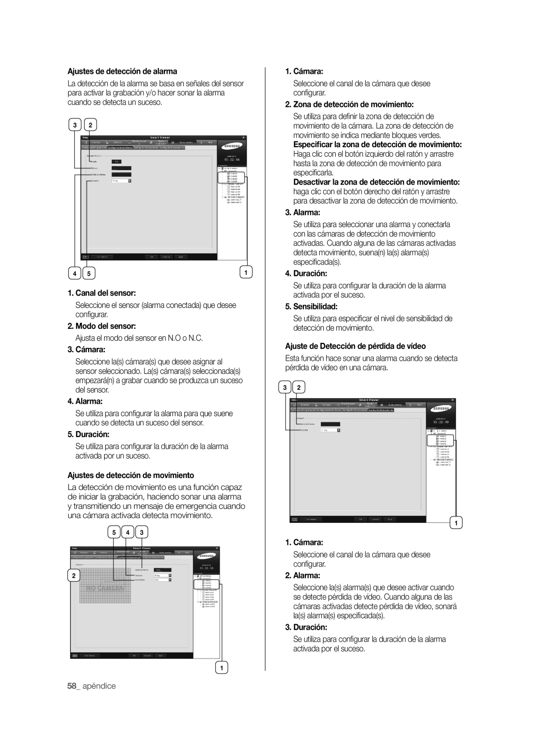 Samsung SHR-6040P, SHR-6042P manual Ajustes de detección de alarma, Canal del sensor, Modo del sensor, Alarma 